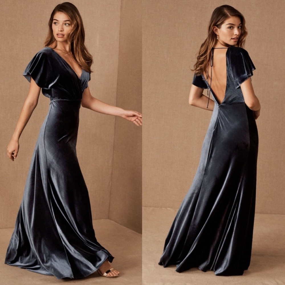 Jenny Yoo Ellis Flutter-Sleeve Open-Back Stretch Velvet Gown